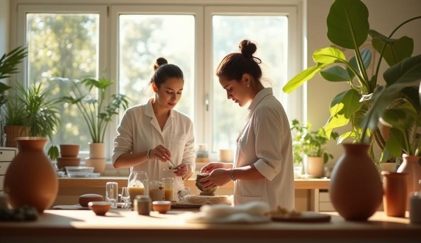 Laboratório artesanal da Bem Estar Natural, equipe produzindo cosméticos naturais